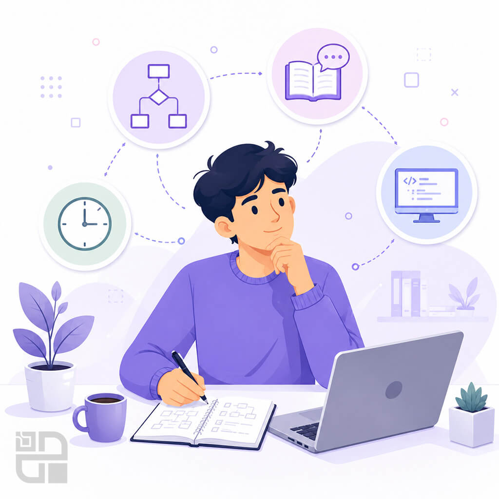 برنامه‌ریزی مسیر یادگیری توسعه نرم‌افزار با دفتر، لپ‌تاپ و زمان‌بندی