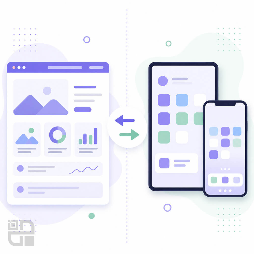 مقایسه رابط وب‌سایت و اپلیکیشن موبایل برای توضیح تفاوت توسعه وب و اپ