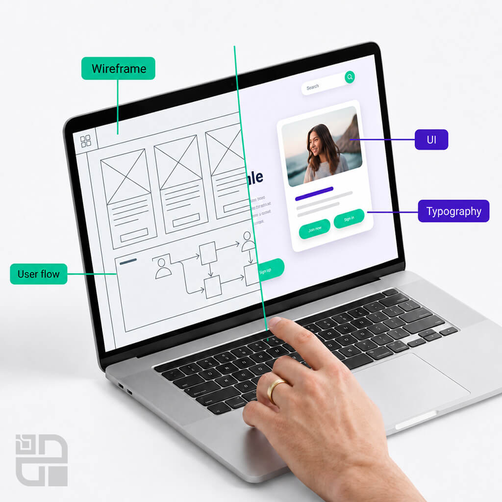 تفاوت UX و UI در طراحی وب با نمایش وایرفریم و رابط بصری